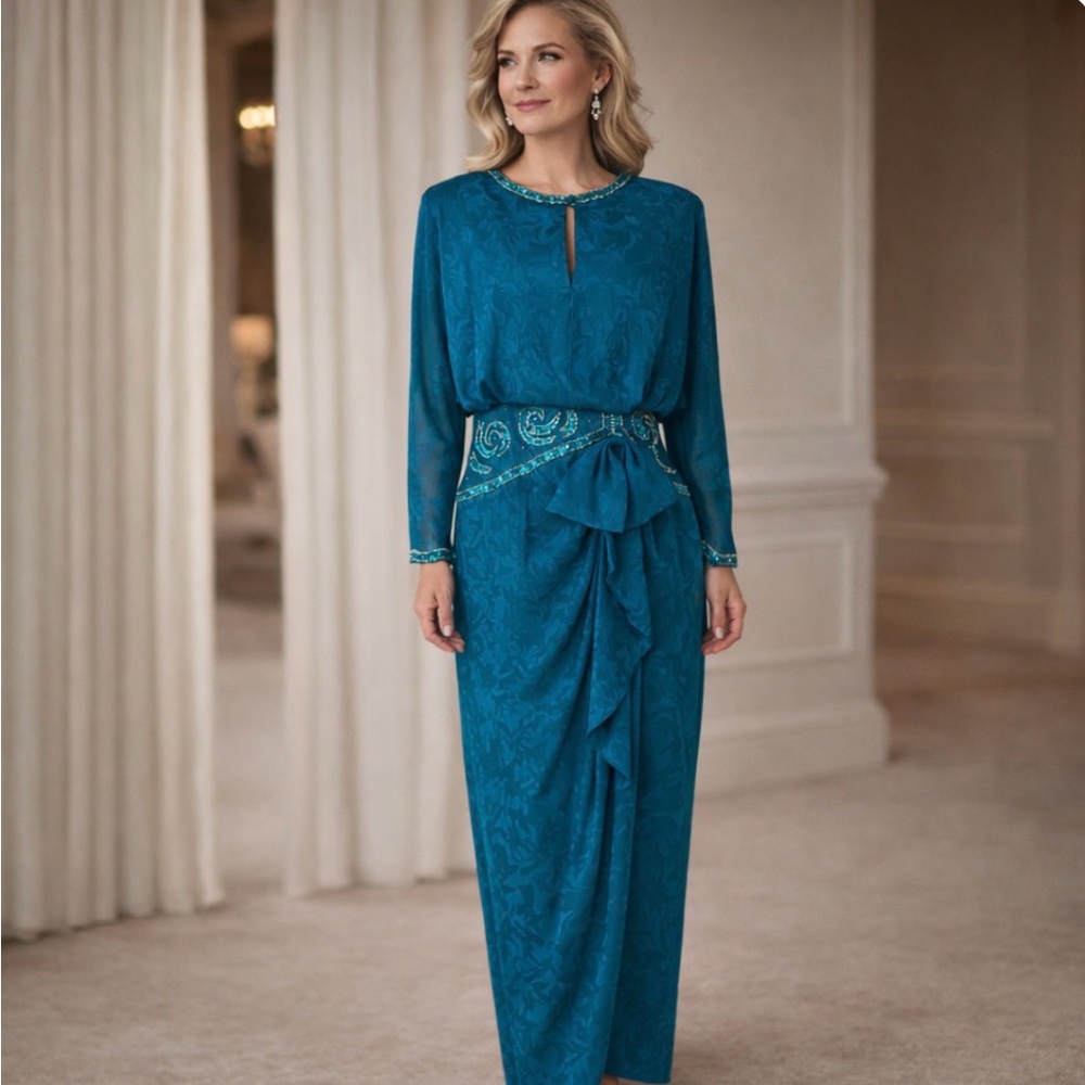 Vintage 80s AJ Bari Teal Silk Beaded Evening Gown Sz 12 Mother of the Bride